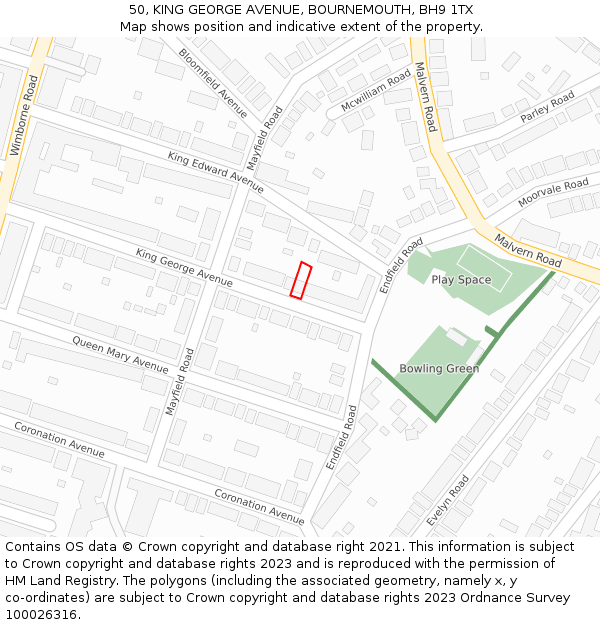 50, KING GEORGE AVENUE, BOURNEMOUTH, BH9 1TX: Location map and indicative extent of plot