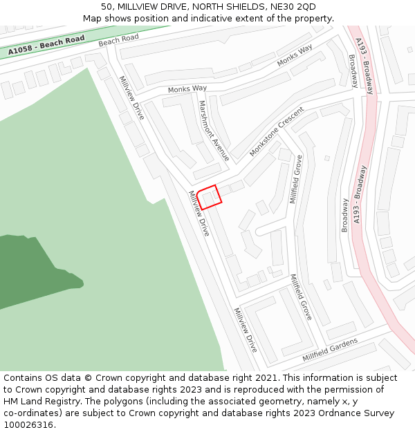 50, MILLVIEW DRIVE, NORTH SHIELDS, NE30 2QD: Location map and indicative extent of plot