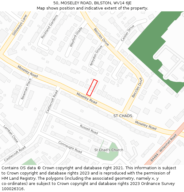 50, MOSELEY ROAD, BILSTON, WV14 6JE: Location map and indicative extent of plot