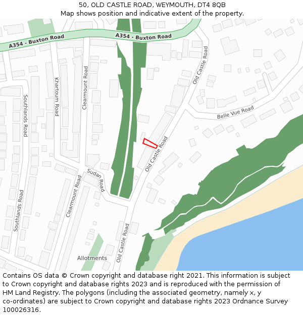 50, OLD CASTLE ROAD, WEYMOUTH, DT4 8QB: Location map and indicative extent of plot