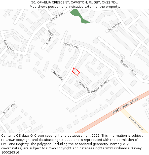 50, OPHELIA CRESCENT, CAWSTON, RUGBY, CV22 7DU: Location map and indicative extent of plot