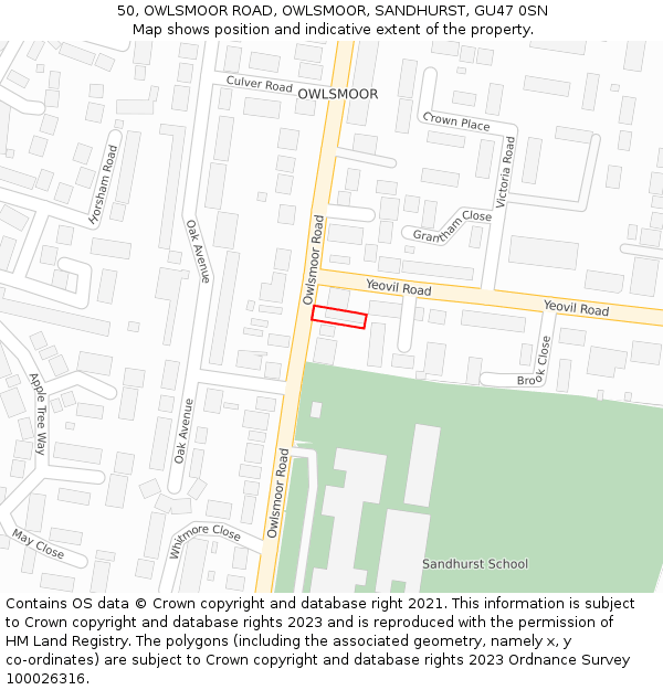 50, OWLSMOOR ROAD, OWLSMOOR, SANDHURST, GU47 0SN: Location map and indicative extent of plot