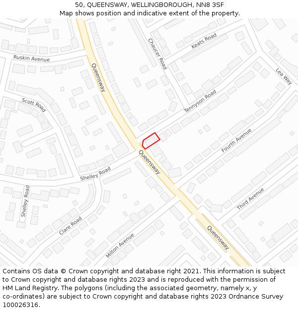 50, QUEENSWAY, WELLINGBOROUGH, NN8 3SF: Location map and indicative extent of plot