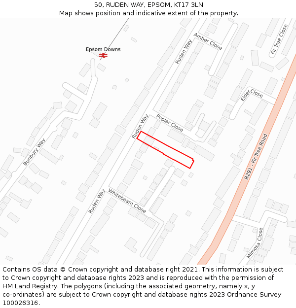 50, RUDEN WAY, EPSOM, KT17 3LN: Location map and indicative extent of plot