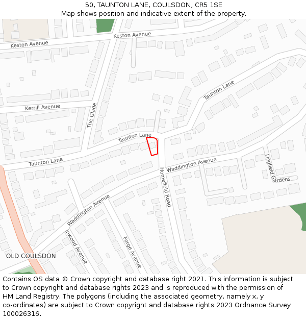 50, TAUNTON LANE, COULSDON, CR5 1SE: Location map and indicative extent of plot