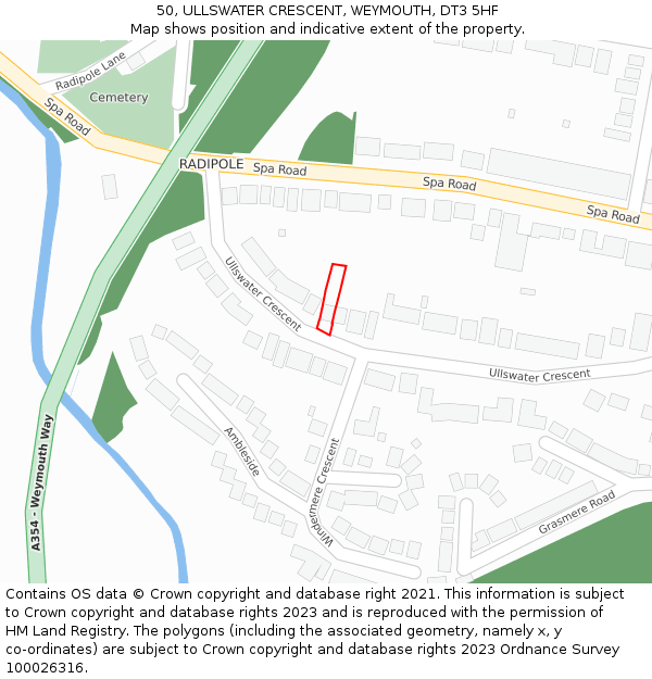 50, ULLSWATER CRESCENT, WEYMOUTH, DT3 5HF: Location map and indicative extent of plot