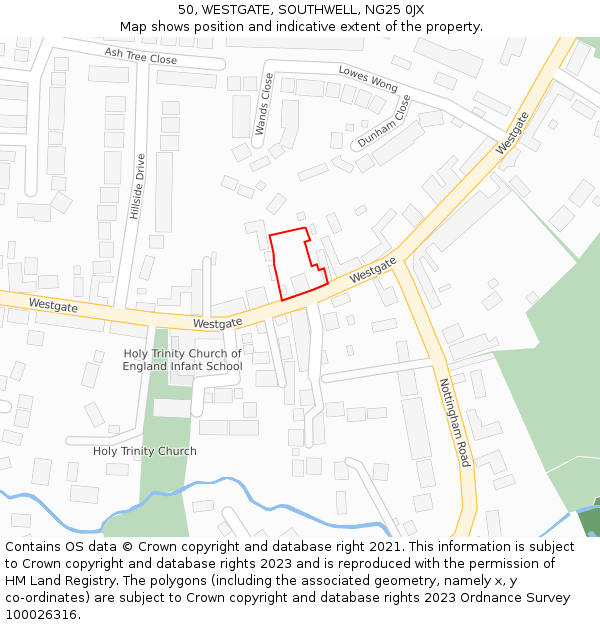 50, WESTGATE, SOUTHWELL, NG25 0JX: Location map and indicative extent of plot