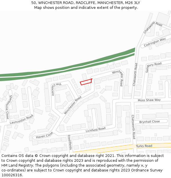 50, WINCHESTER ROAD, RADCLIFFE, MANCHESTER, M26 3LY: Location map and indicative extent of plot