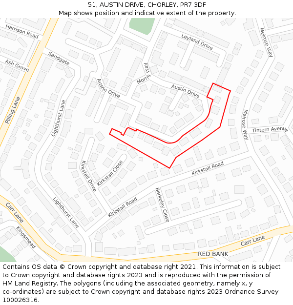 51, AUSTIN DRIVE, CHORLEY, PR7 3DF: Location map and indicative extent of plot