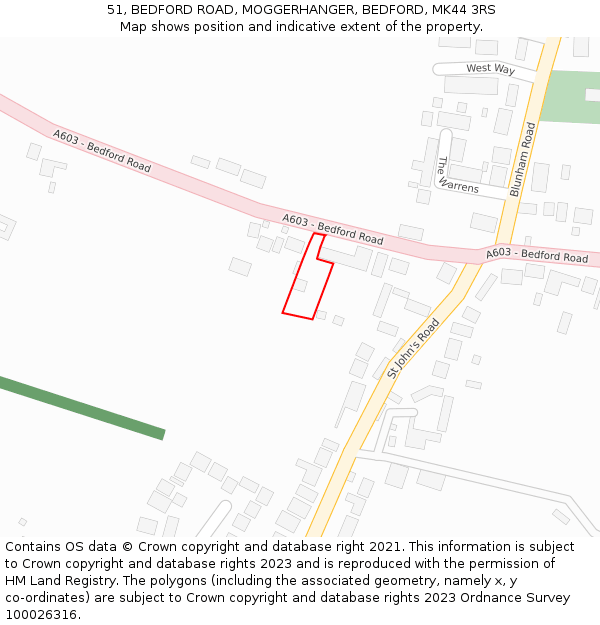 51, BEDFORD ROAD, MOGGERHANGER, BEDFORD, MK44 3RS: Location map and indicative extent of plot