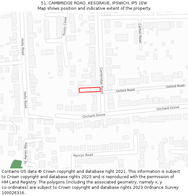 51, CAMBRIDGE ROAD, KESGRAVE, IPSWICH, IP5 1EW: Location map and indicative extent of plot