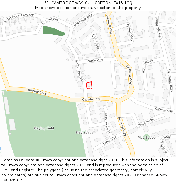 51, CAMBRIDGE WAY, CULLOMPTON, EX15 1GQ: Location map and indicative extent of plot
