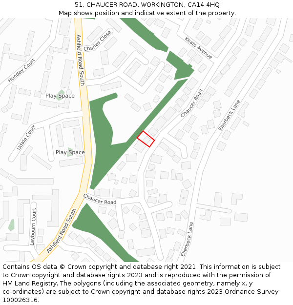 51, CHAUCER ROAD, WORKINGTON, CA14 4HQ: Location map and indicative extent of plot