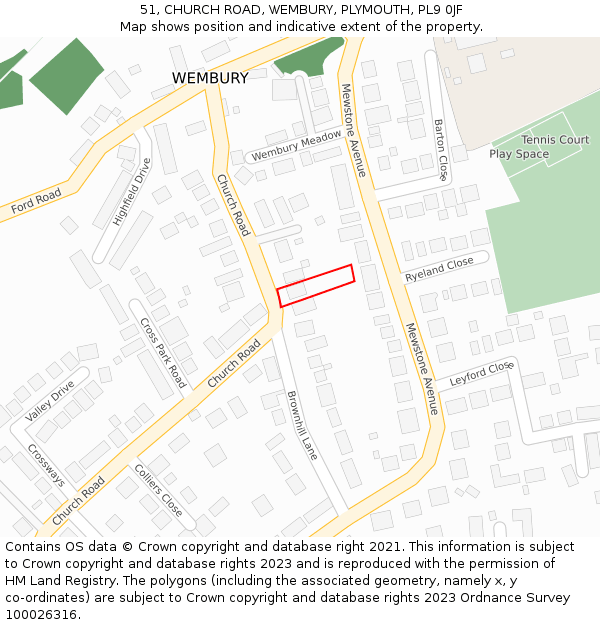 51, CHURCH ROAD, WEMBURY, PLYMOUTH, PL9 0JF: Location map and indicative extent of plot