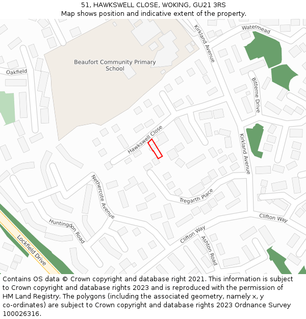 51, HAWKSWELL CLOSE, WOKING, GU21 3RS: Location map and indicative extent of plot