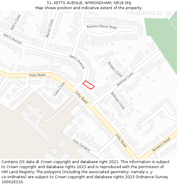 51, KETTS AVENUE, WYMONDHAM, NR18 0NJ: Location map and indicative extent of plot