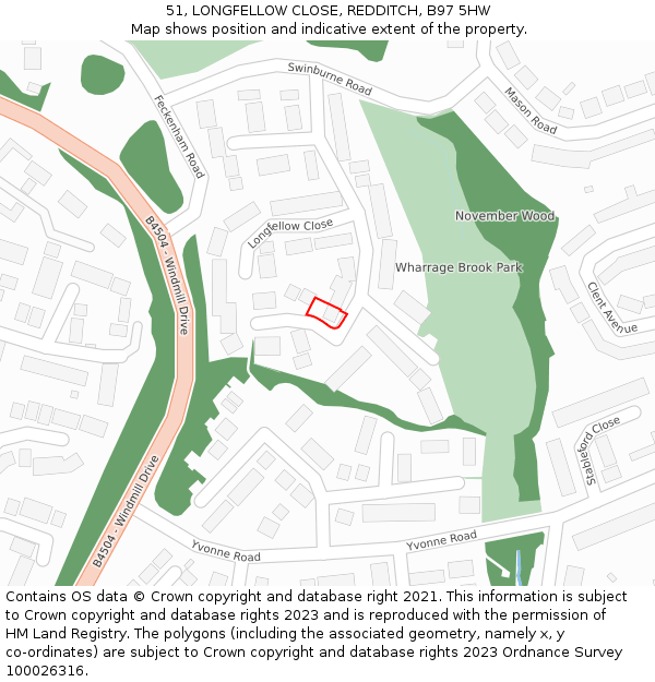 51, LONGFELLOW CLOSE, REDDITCH, B97 5HW: Location map and indicative extent of plot