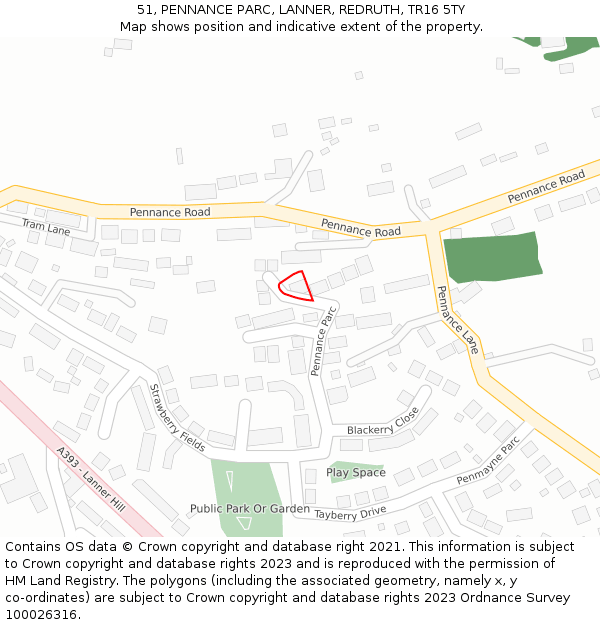 51, PENNANCE PARC, LANNER, REDRUTH, TR16 5TY: Location map and indicative extent of plot