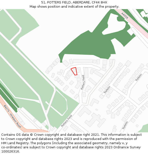 51, POTTERS FIELD, ABERDARE, CF44 8HX: Location map and indicative extent of plot