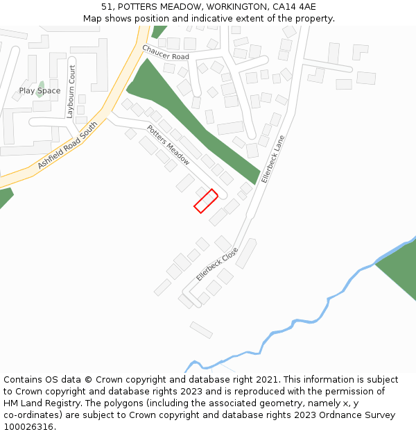51, POTTERS MEADOW, WORKINGTON, CA14 4AE: Location map and indicative extent of plot