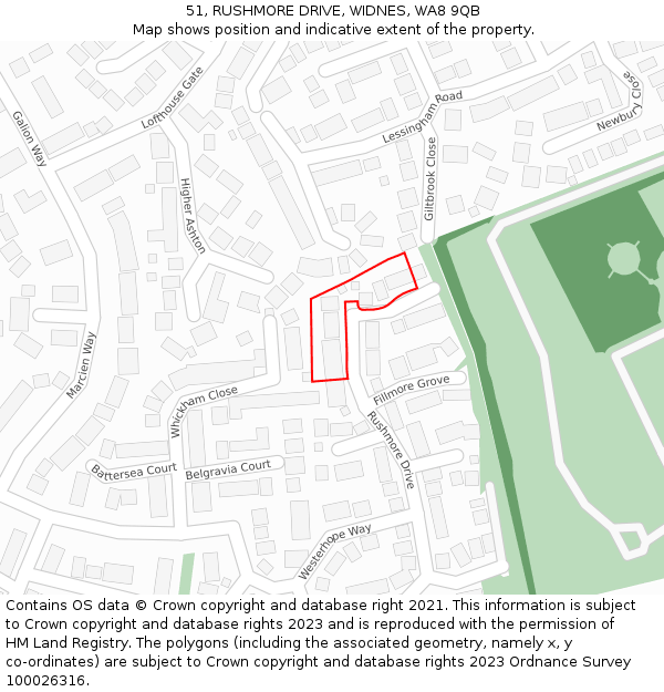 51, RUSHMORE DRIVE, WIDNES, WA8 9QB: Location map and indicative extent of plot