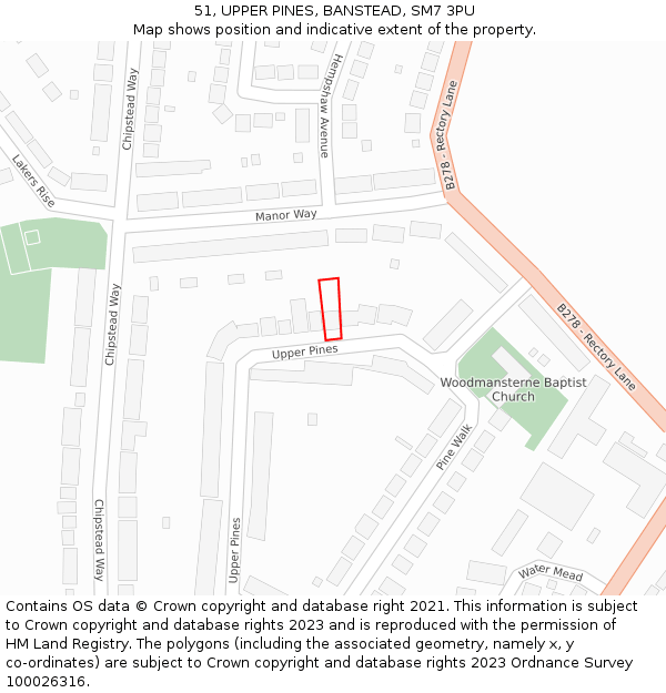 51, UPPER PINES, BANSTEAD, SM7 3PU: Location map and indicative extent of plot