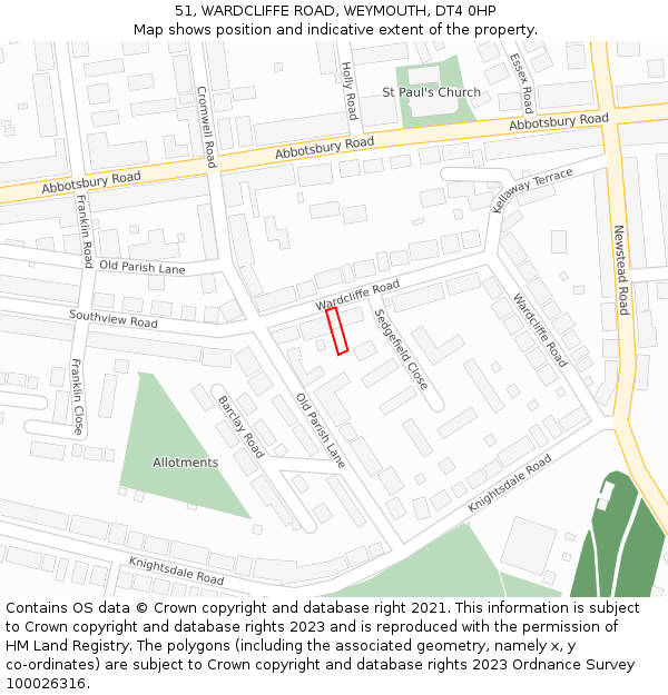 51, WARDCLIFFE ROAD, WEYMOUTH, DT4 0HP: Location map and indicative extent of plot