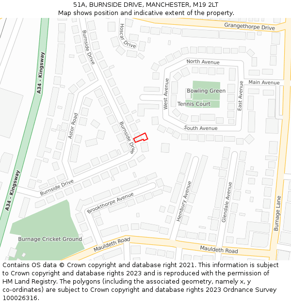 51A, BURNSIDE DRIVE, MANCHESTER, M19 2LT: Location map and indicative extent of plot