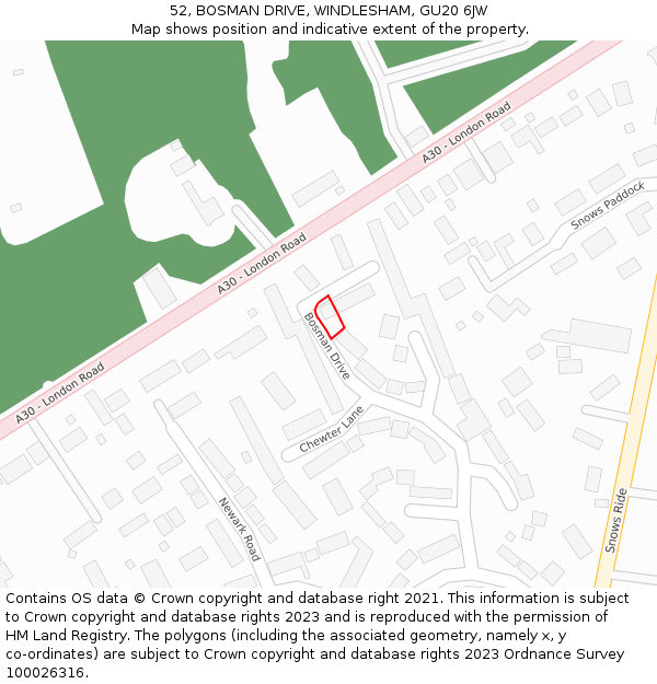 52, BOSMAN DRIVE, WINDLESHAM, GU20 6JW: Location map and indicative extent of plot