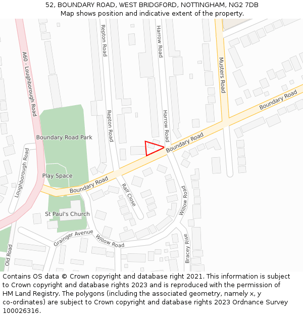 52, BOUNDARY ROAD, WEST BRIDGFORD, NOTTINGHAM, NG2 7DB: Location map and indicative extent of plot