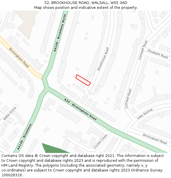 52, BROOKHOUSE ROAD, WALSALL, WS5 3AD: Location map and indicative extent of plot