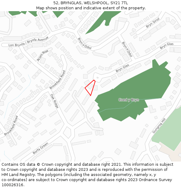 52, BRYNGLAS, WELSHPOOL, SY21 7TL: Location map and indicative extent of plot