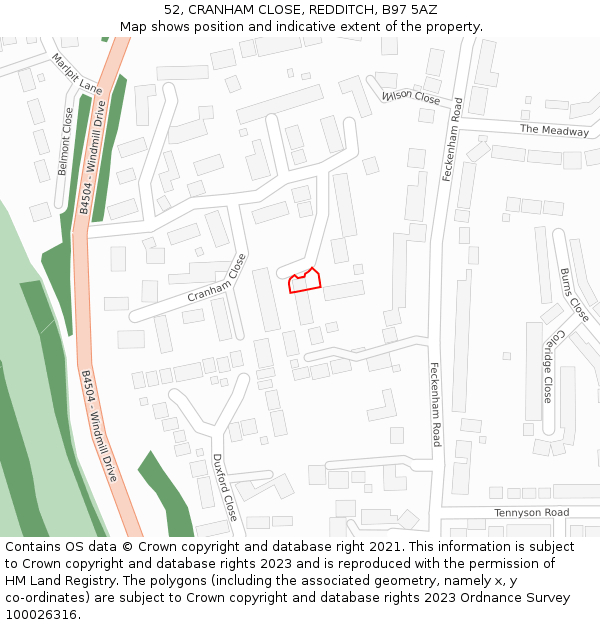 52, CRANHAM CLOSE, REDDITCH, B97 5AZ: Location map and indicative extent of plot