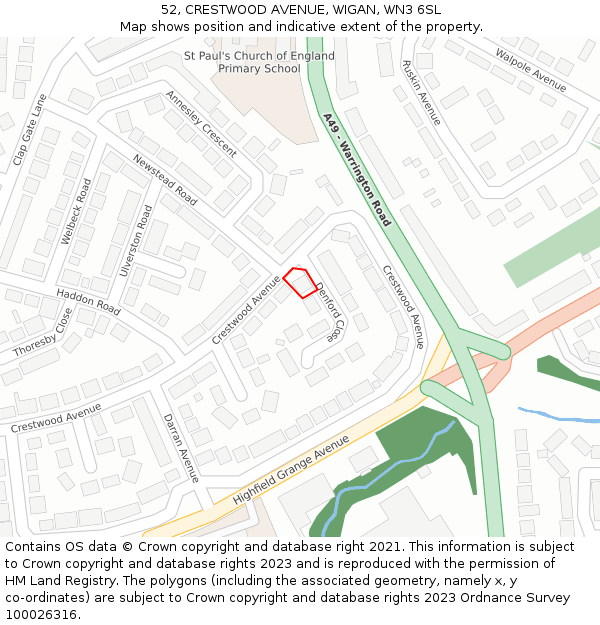 52, CRESTWOOD AVENUE, WIGAN, WN3 6SL: Location map and indicative extent of plot