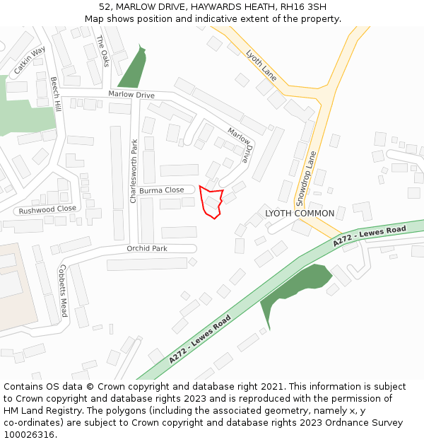 52, MARLOW DRIVE, HAYWARDS HEATH, RH16 3SH: Location map and indicative extent of plot