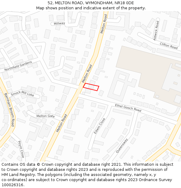 52, MELTON ROAD, WYMONDHAM, NR18 0DE: Location map and indicative extent of plot