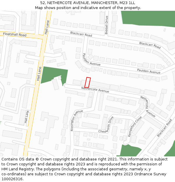 52, NETHERCOTE AVENUE, MANCHESTER, M23 1LL: Location map and indicative extent of plot