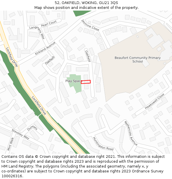 52, OAKFIELD, WOKING, GU21 3QS: Location map and indicative extent of plot