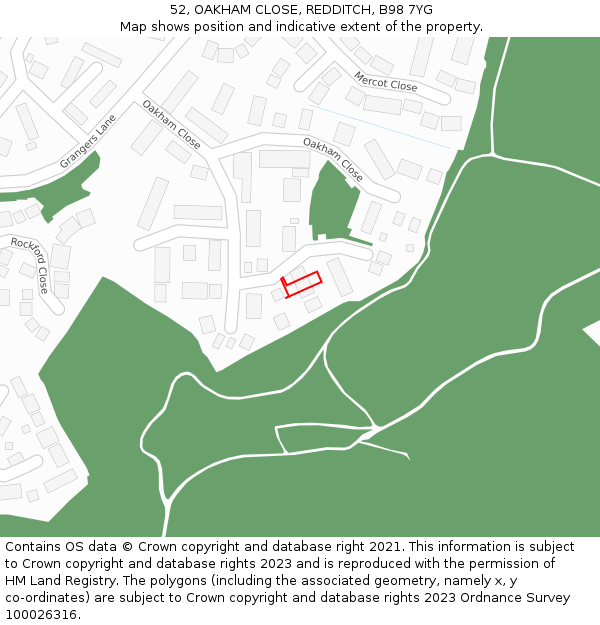 52, OAKHAM CLOSE, REDDITCH, B98 7YG: Location map and indicative extent of plot