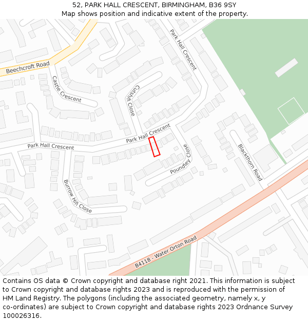52, PARK HALL CRESCENT, BIRMINGHAM, B36 9SY: Location map and indicative extent of plot