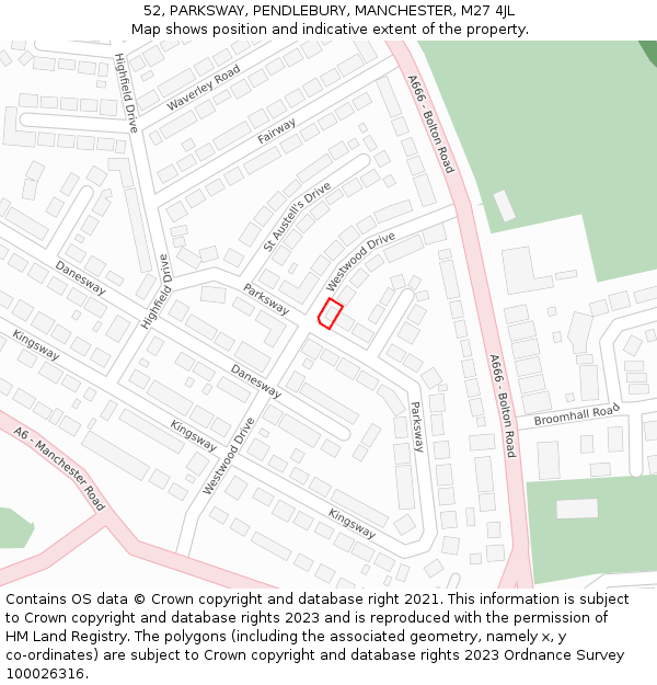 52, PARKSWAY, PENDLEBURY, MANCHESTER, M27 4JL: Location map and indicative extent of plot