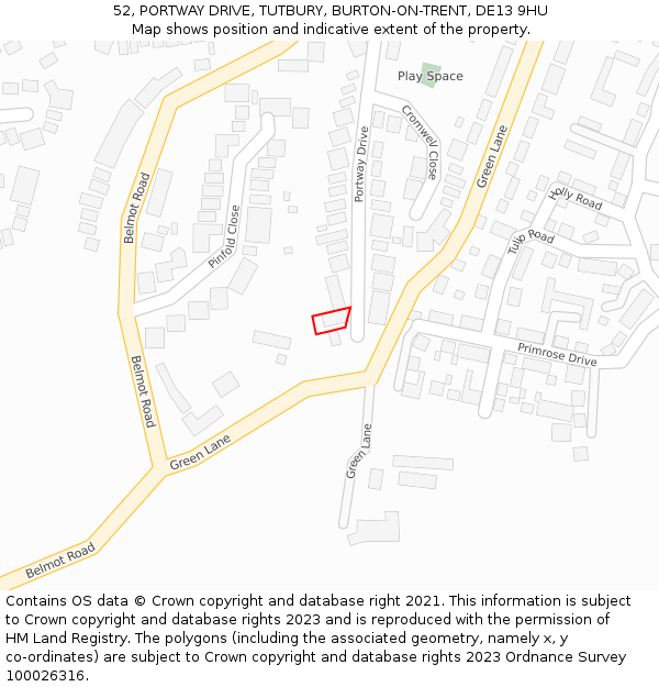 52, PORTWAY DRIVE, TUTBURY, BURTON-ON-TRENT, DE13 9HU: Location map and indicative extent of plot