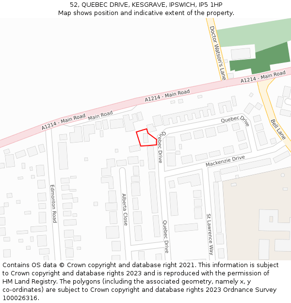 52, QUEBEC DRIVE, KESGRAVE, IPSWICH, IP5 1HP: Location map and indicative extent of plot