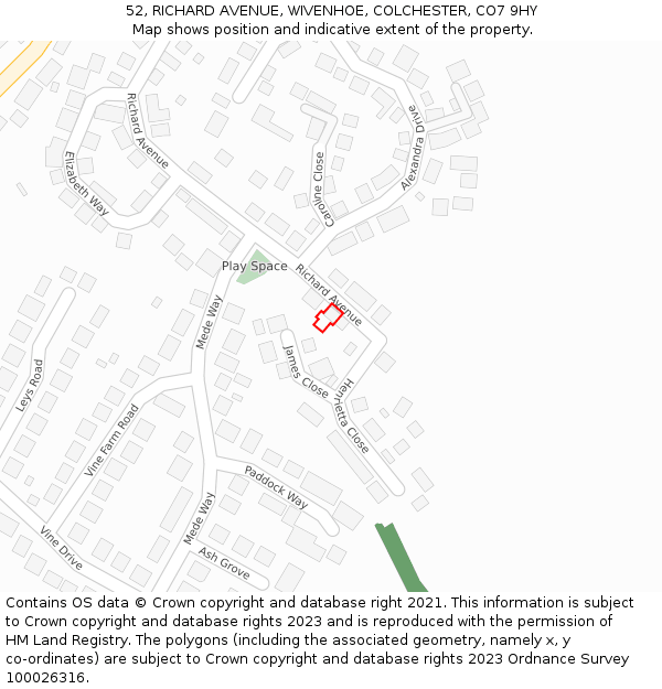 52, RICHARD AVENUE, WIVENHOE, COLCHESTER, CO7 9HY: Location map and indicative extent of plot