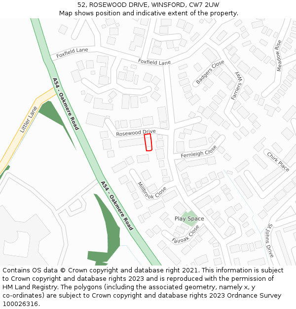 52, ROSEWOOD DRIVE, WINSFORD, CW7 2UW: Location map and indicative extent of plot