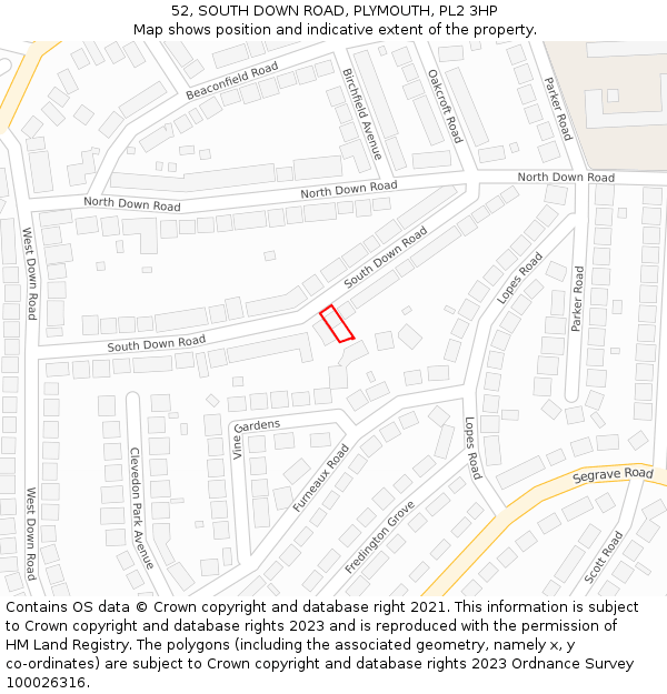 52, SOUTH DOWN ROAD, PLYMOUTH, PL2 3HP: Location map and indicative extent of plot