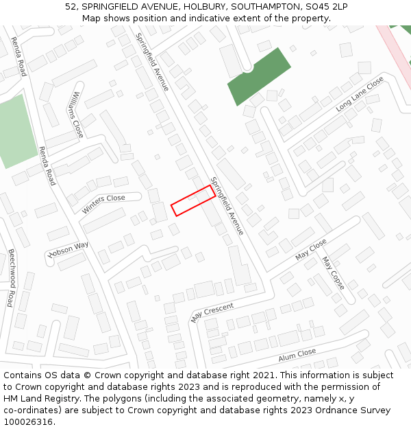 52, SPRINGFIELD AVENUE, HOLBURY, SOUTHAMPTON, SO45 2LP: Location map and indicative extent of plot
