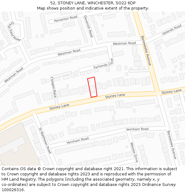 52, STONEY LANE, WINCHESTER, SO22 6DP: Location map and indicative extent of plot