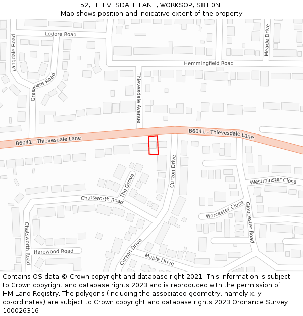 52, THIEVESDALE LANE, WORKSOP, S81 0NF: Location map and indicative extent of plot