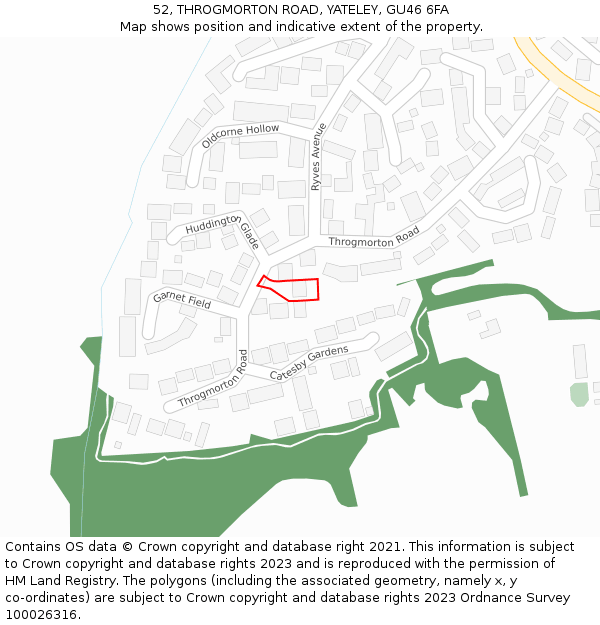 52, THROGMORTON ROAD, YATELEY, GU46 6FA: Location map and indicative extent of plot